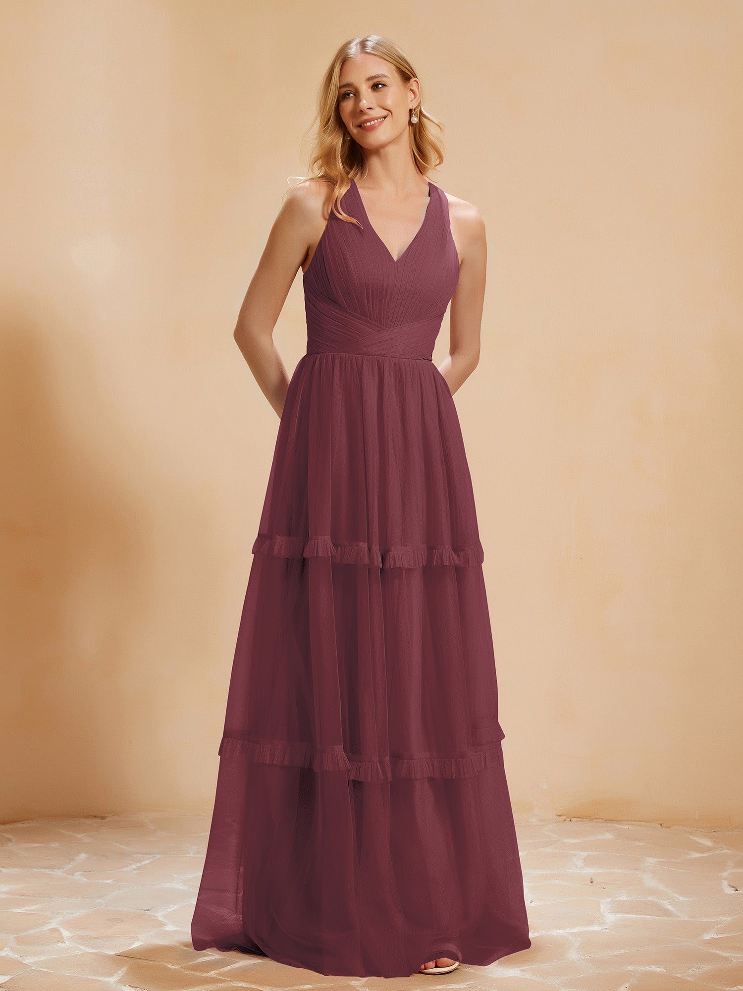 A-Line Pleated Tulle Floor-Length Dress Mulberry